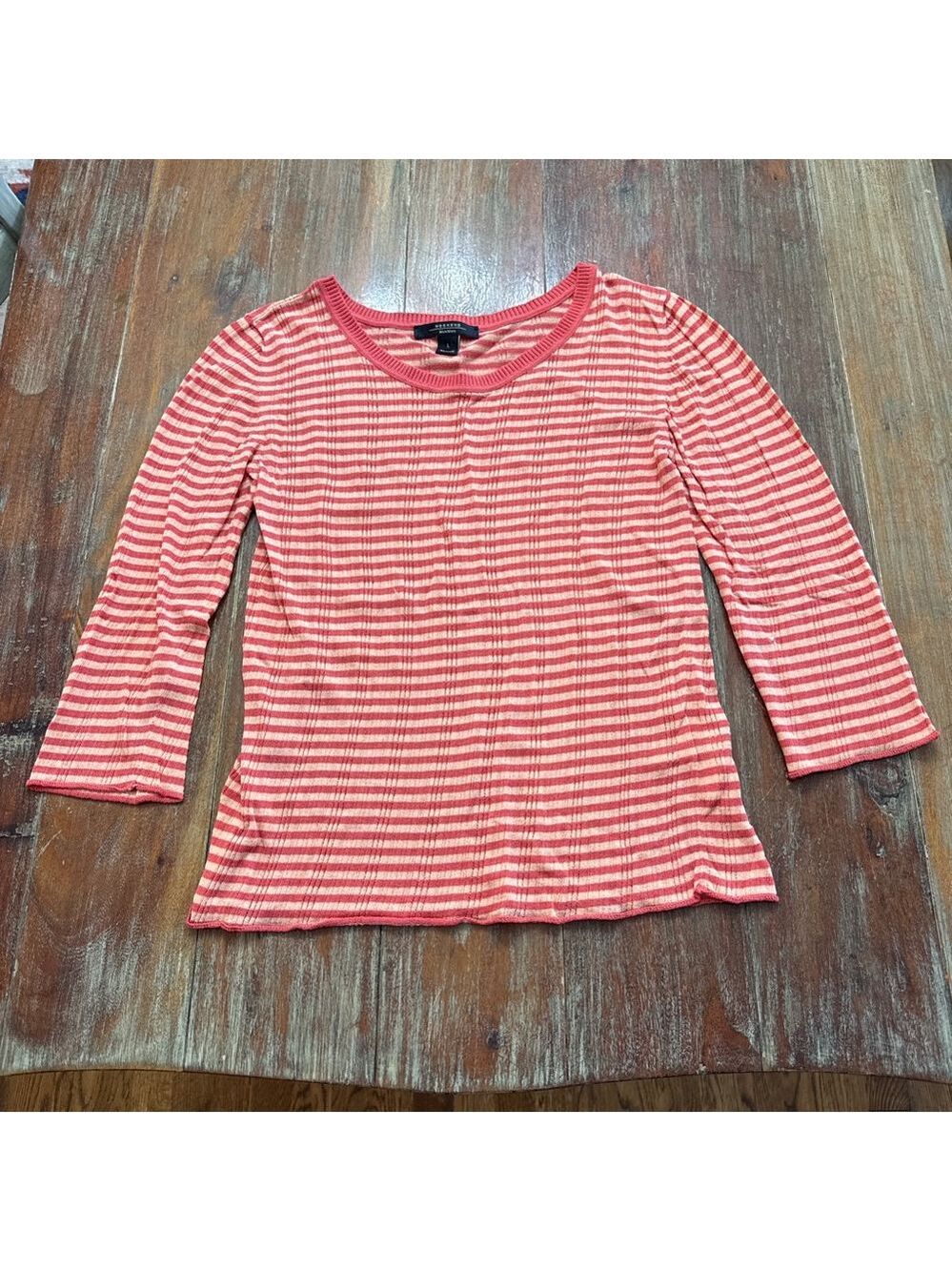 Weekend Max Mara Coral & Tan Striped 3/4 Sleeve Knit Top Lightweight - Size L